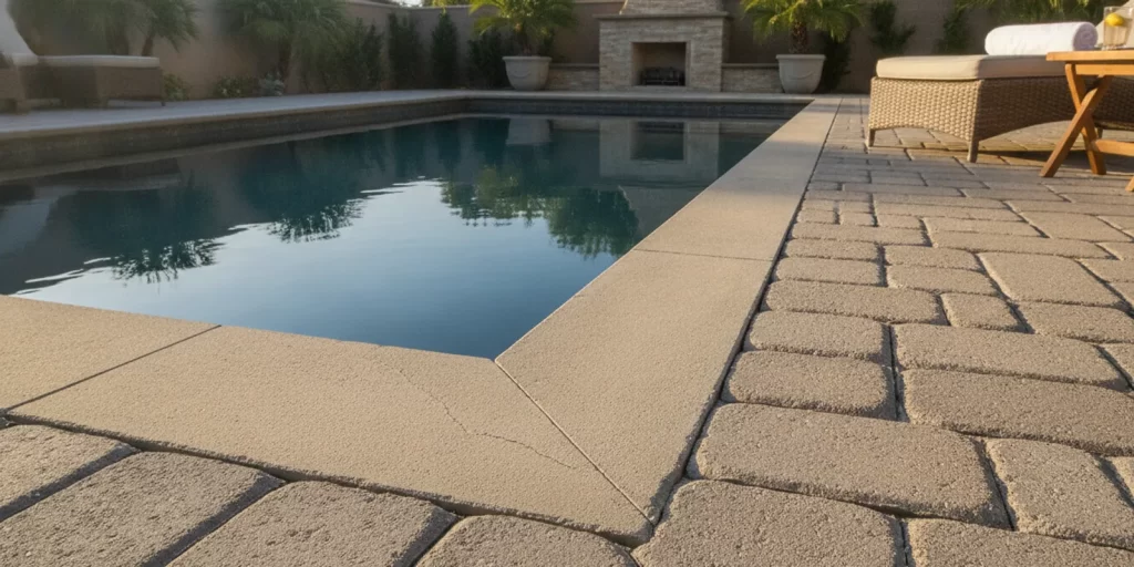 Close view of pool coping beside a paver deck during a careful condition inspection