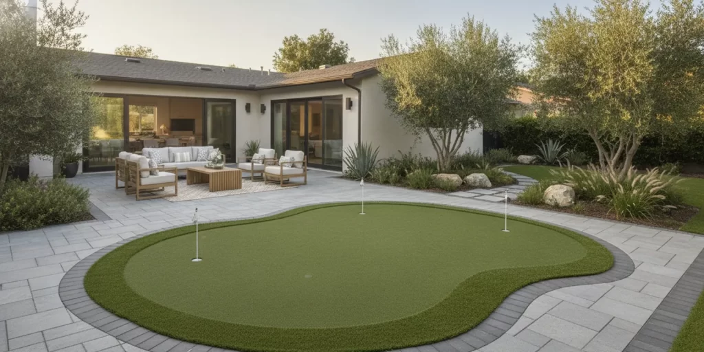 A compact artificial putting green set into a landscaped Orange County backyard beside a paver patio